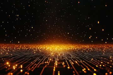 Wall Mural - Glowing particles falling onto a dark circuit board.
