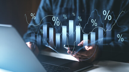 Poster - Businessman analyzing financial charts with percentage symbols on digital interface.