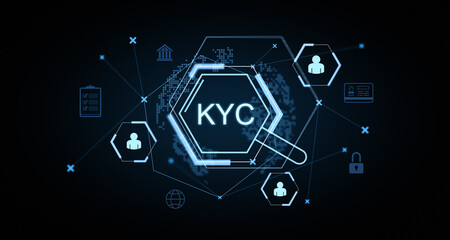 Poster - Digital KYC concept with glowing hexagons and icons on dark background. 3D Rendering