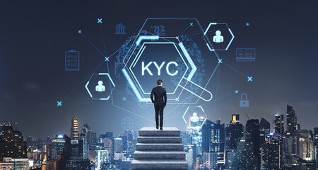 Poster - businessman observing digital kyc interface over cityscape at ni
