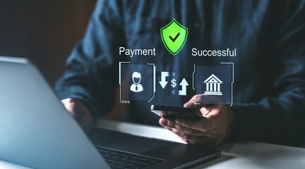 Poster - Digital payment process with holographic icons on a dark background.