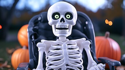 Smiling Skeleton Figurine Among Autumn Pumpkins