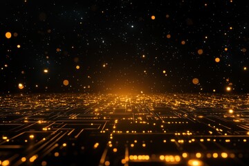 Wall Mural - Golden circuit board pattern with glowing particles in dark space.