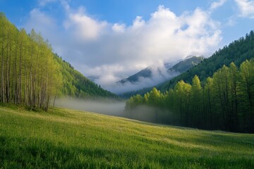 Wall Mural - Mountain meadow sunrise mist scenic landscape