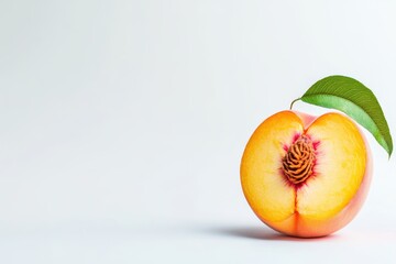 Wall Mural - Halved peach, leaf, white background, studio shot, food (1)