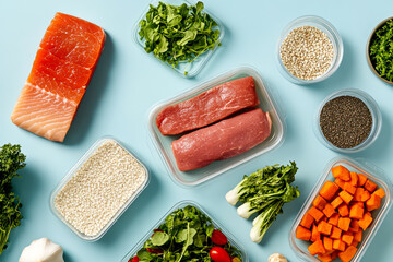 Wall Mural - A vibrant arrangement of fresh ingredients, including salmon, vegetables, and grains, set against a blue background, ideal for healthy meal preparation.