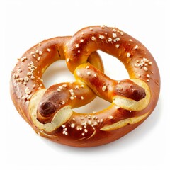 Poster - golden brown pretzel, freshly baked and sprinkled with coarse salt crystals, isolated on a white bac