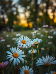 Wall Mural - peaceful closeup white chamomiles daisies background. beautiful nature flowers. abstract sunset fiel