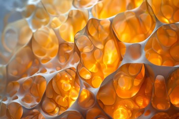 Poster - Microscopic view of a complex organic structure glowing with an intense golden light, resembling a network of interconnected cells or a porous material