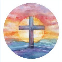 Wall Mural - Logo cross sunrise watercolor minimalist