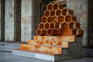 Poster - Intricate honeycomb like shelving unit adds a touch of modern design to a space with concrete steps and textured walls