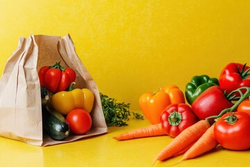 Wall Mural - Fresh vegetables grocery bag yellow background