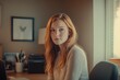 © Harsha - A young redhead woman with freckles sits at her desk, looking thoughtfully into the camera.