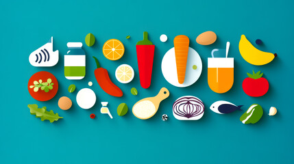 Wall Mural - A colorful assortment of fresh fruits, vegetables, and beverages arranged neatly on a teal background, showcasing healthy food choices.