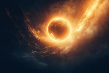 Poster - Planets orbiting a glowing sun in a surreal outer space composition