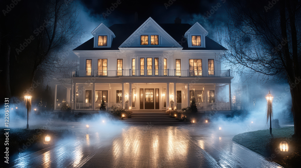 haunted mansion with flickering lights and eerie fog creates spooky ...