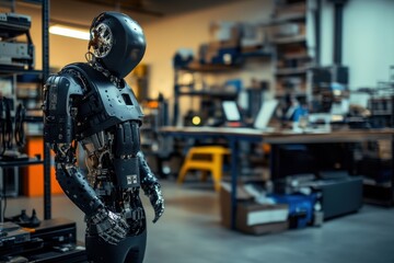 Poster - Advanced humanoid robot standing in a technology workshop during daylight hours