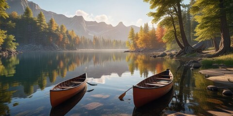 Sticker - A canoe resting on the shore of a picturesque lake, lake, peaceful