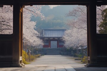 Poster - Elegant Japanese cherry blossom trees framing an ancient temple. --ar 3:2 --style raw --v 6.1 Job ID: 8ba1afae-73af-4855-b53e-5bc3ed3f9731