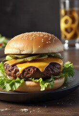 Wall Mural - A cheeseburger with melted cheese and lettuce on a plate , dining, meal, cheeseburger