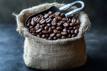 Wall Mural - Roasted coffee beans burlap sack scoop dark background (14)