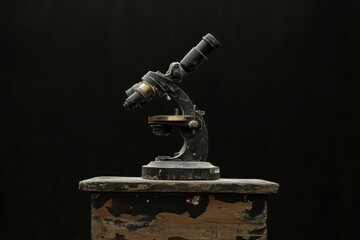 Poster - Vintage microscope positioned on an old wooden table with a dark background