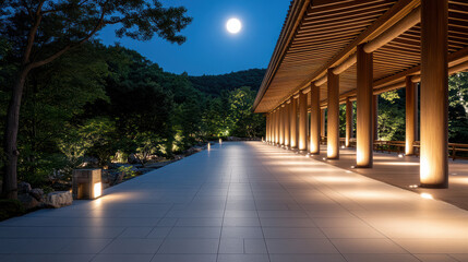 Wall Mural - serene temple illuminated by moonlight, casting long shadows on path