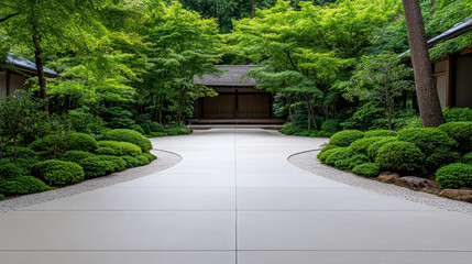 Wall Mural - serene temple path surrounded by lush greenery and manicured gardens