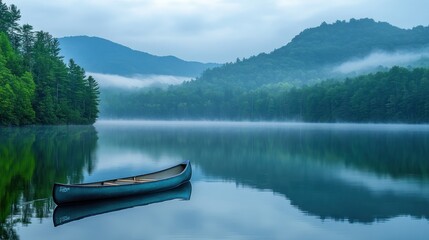 Naklejka na meble Calm canoe on misty mountain lake at dawn
