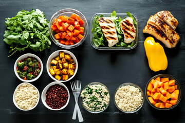 Wall Mural - A colorful assortment of healthy meal prep ingredients, including grilled chicken, vegetables, grains, and salads, arranged neatly in bowls on a dark surface.