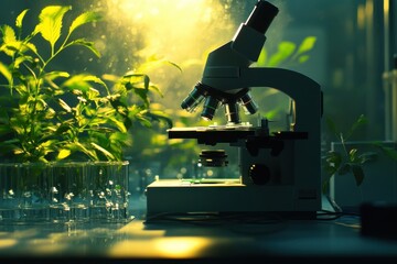 Poster - Examining plant life under a microscope in a vibrant laboratory setting