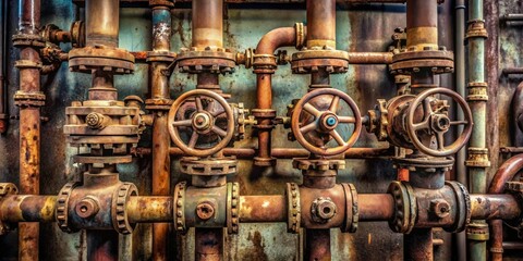 awe-inspiring array of aged industrial pipes and valves, showcasing intricate details and weathered 