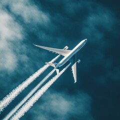 High altitude aircraft with contrail in flight against blue sky