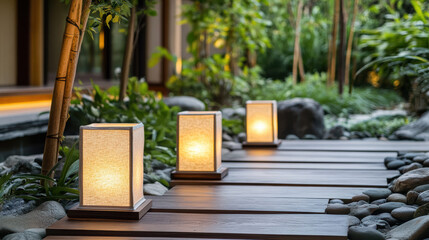 Wall Mural - Zen inspired lanterns glowing softly in serene garden pathway