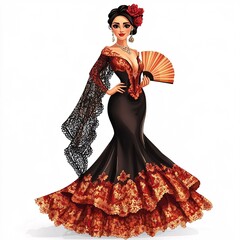 Wall Mural - A stylish cartoon lady wearing a traditional Spanish flamenco dress, complete with a lace shawl and a fan in her hand, standing elegantly on a white background