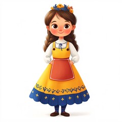 Wall Mural - A female cartoon character wearing traditional Swedish clothing, including a yellow dress with blue accents, a white blouse, and a red apron, set against a white background