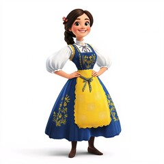 Wall Mural - A happy female cartoon character dressed in traditional Swedish clothing, including a blue and yellow dress with a white blouse and apron, on a white background