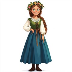 Wall Mural - A smiling female cartoon character dressed in Swedish folk costume, with a green bodice, white blouse, blue skirt, and a floral headband, on a white background