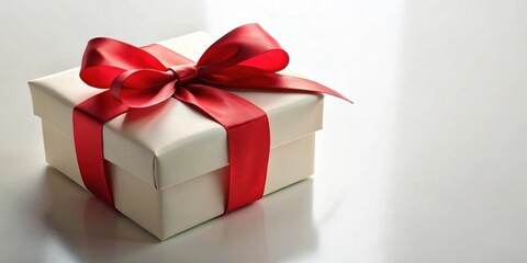 A pristine off-white gift box adorned with a vibrant crimson ribbon bow sits elegantly on a smooth, reflective surface.