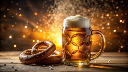 A Festive Beer Stein and Pretzel on a Rustic Wooden Table with Warm Golden Lights