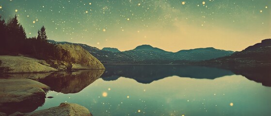 Wall Mural - A tranquil lake mirroring mountains and twilight stars, creates a dreamlike landscape perfectly blending earthly and celestial beauty.