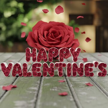 3D 'Happy Valentine's Day' Rose Letter Design with Petals on Wooden Surface