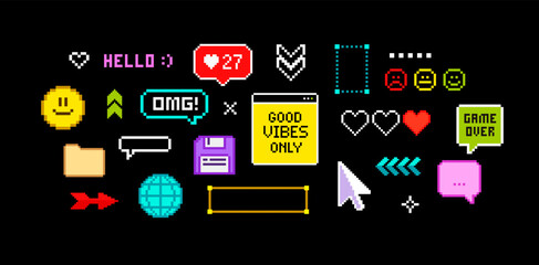 Poster - 8-bit  Pixels game elements set of 90's aesthetics. Retro game vector elements and pixel icons. Retro pc deckstop and gaming background in pixels style