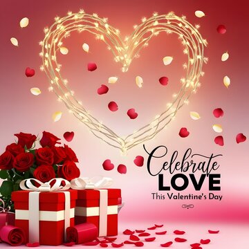 Celebrate Love This Valentine’s Day: A Romantic Design with Roses, Gift Boxes, Heart-Shaped Lights, and Falling Petals for a Dreamy Atmosphere.