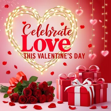Celebrate Love This Valentine’s Day: A Romantic Design with Roses, Gift Boxes, Heart-Shaped Lights, and Falling Petals for a Dreamy Atmosphere.