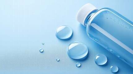 Poster - A close-up of droplets on a blue shampoo bottle with a sleek, modern design.