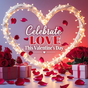 celebrate love this valentine’s day: a romantic design with roses, gift boxes, heart-shaped lights, 