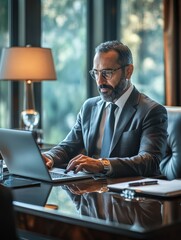 Poster - Businessman Working at Desk with Laptop Computer