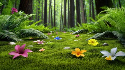 Poster - A forest jungle floor with vibrant moss, ferns, and scattered tropical flowers