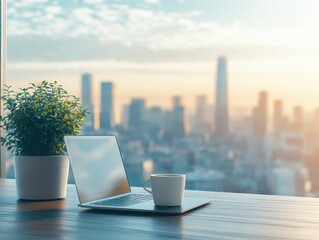 Poster - Cityscape View Through Office Window with Laptop, Cup, and Plant on Desk